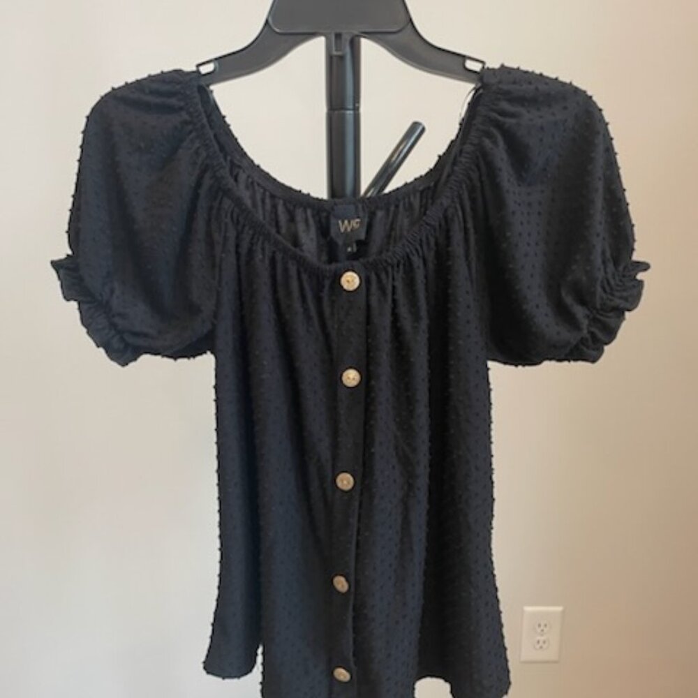 W5 Women's Eyelet off-the-shoulder Button Up Puffy Sleeved Blouse Size S Black